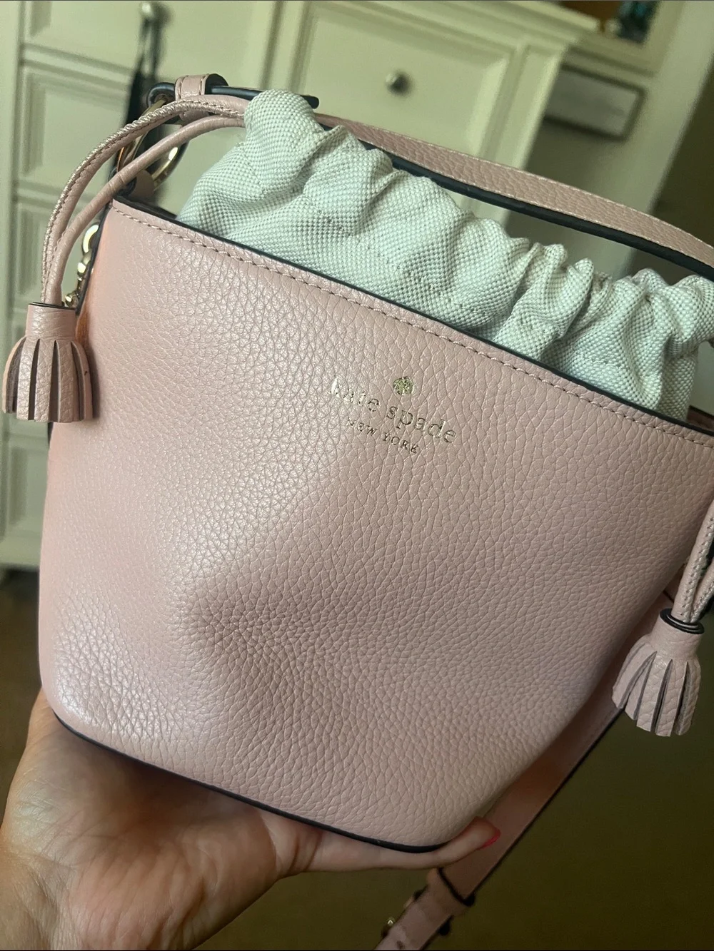NWOT Kate Spade Pink Pebbled Leather Drawstring Bucket Crossbody